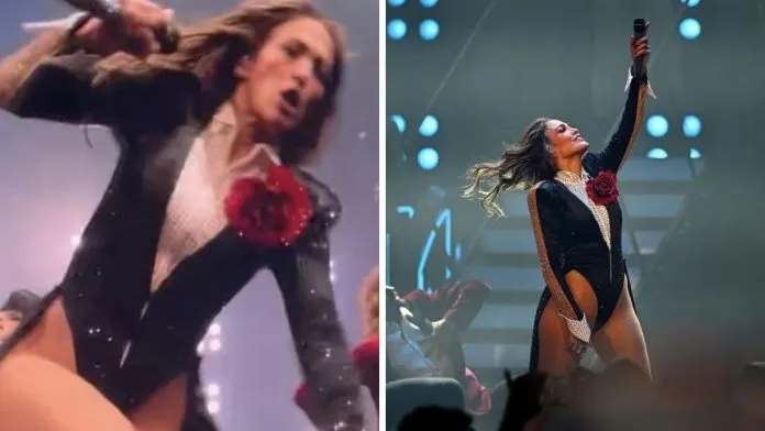 Jennifer Lopez narrowly avoids a fall during her Las Vegas show at Caesars Palace. See how the 56-year-old icon recovered during her hit 